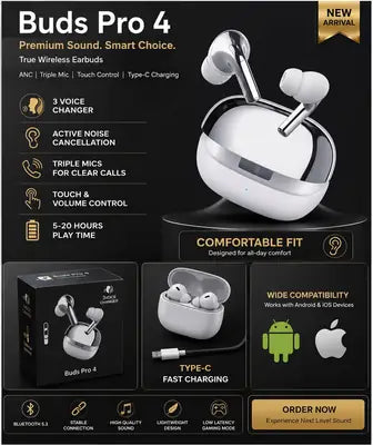 Buds Pro 4 Wireless Bluetooth Earbuds | ANC Noise Cancellation | Touch Control | Triple Mic | Type-C Charging